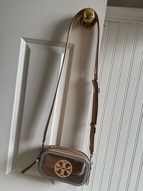 Tory Burch Clear PVC Camera Bag with Tan Leather Trim and Gold Logo